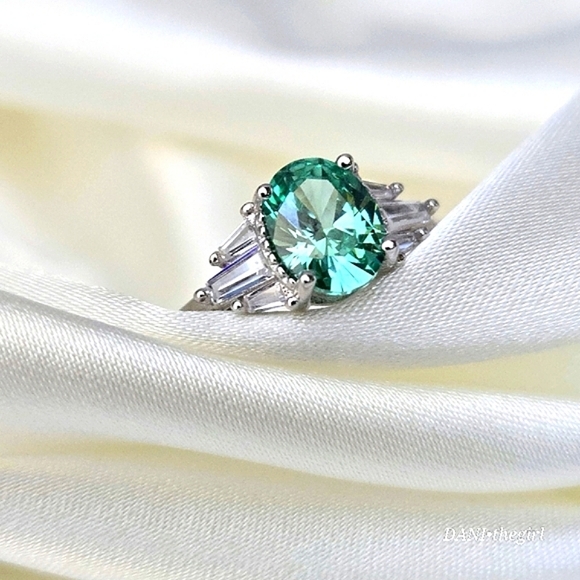 Sterling Silver White Gold Oval Mint Sapphire & Baguette CZ Diamond Side Stones - Picture 6 of 11